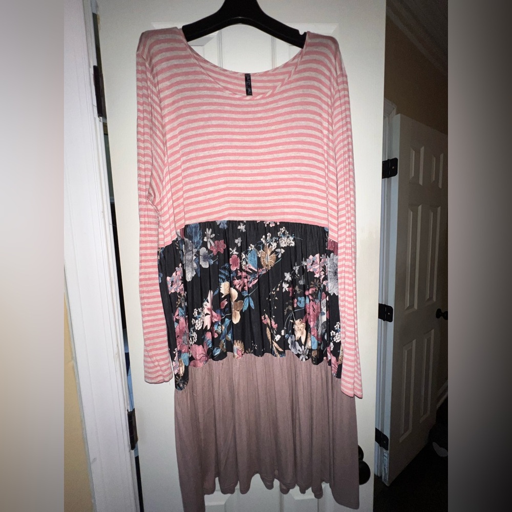 Striped and Floral Long Sleeve Dress